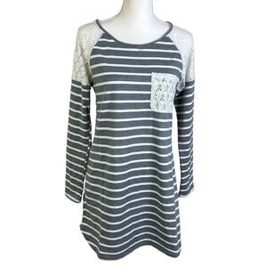 Ya Los Angeles Tunic Dress Women Medium Embroidered  Gray White Striped Top